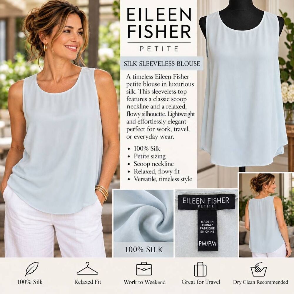 Eileen Fisher Womens Silk Sleeveless Pale Blue Aqua Tank Blouse PM